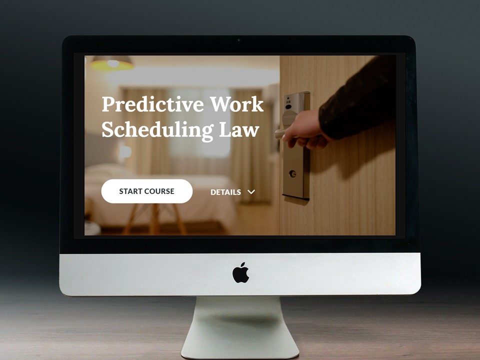 Start screen of eLearning course in computer monitor: Predictive Work Scheduling Law